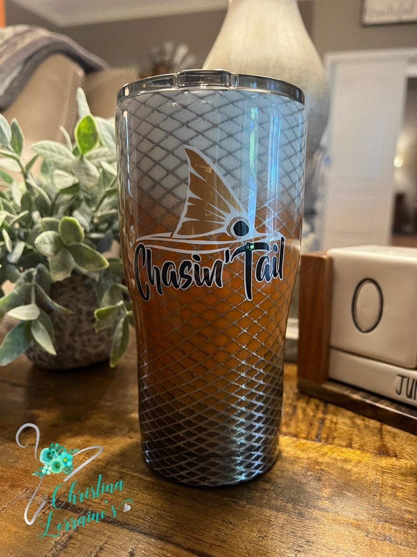 Fishing/Red Fish/ Faux Fish Scales/Chasing Tail Quote/Stainless Steel Insulated Tumbler/Water Bottle