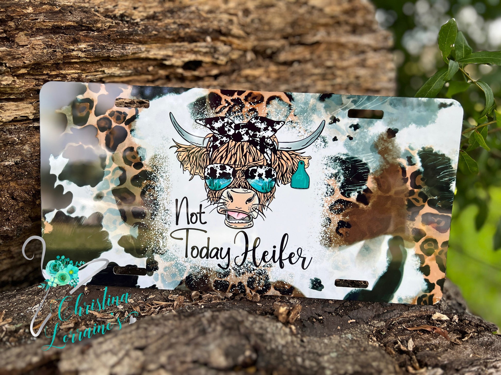 Not Today Heifer/Cow And Leopard Print/Highlands Cow/License Plate/Car Coasters/Rear View Mirror Matching Set