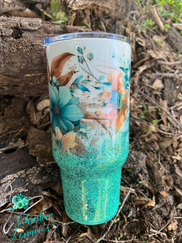 Beautiful Turquoise and Mint Glitter Floral Print Design Tumbler