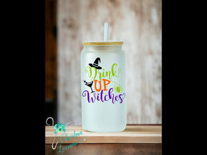 Drink up witches 16 oz glass tumbler/can/mug