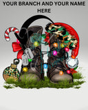 Military Boots/Christmas Lights/Santa Hat/Christmas Ornaments Design/Personalized/Oatmeal Colored Crewneck Sweatshirt