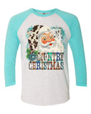 Country Christmas/Western Santa/Cow Print Tahiti Blue Raglan Shirt