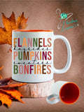 Flannels, Hayrides, Pumpkins, Sweaters, Bonfires Design Coffee Mug/Tumbler