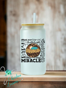 Baby Jesus Miracle/Nativity Christmas Design 16 oz glass tumbler/can/mug