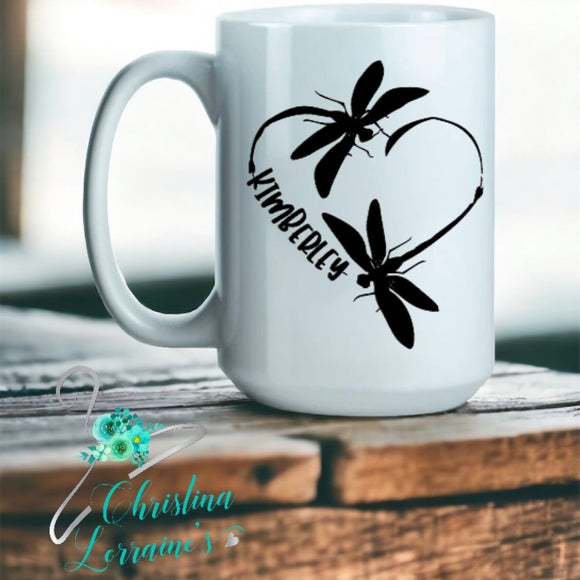 Dragonfly Heart Design Personalized with your name Coffee Mug/Tumbler