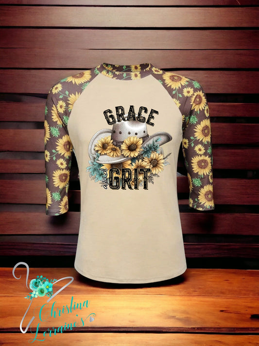 Grit And Grace/Sunflower/Hat Design/ 3/4 Sunflower Print Sleeves/Raglan Top