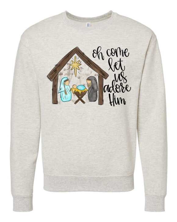 Oh Come Let Us Adore Him/Jesus Christmas Nativity Design Oatmeal Colored Crewneck Sweatshirt