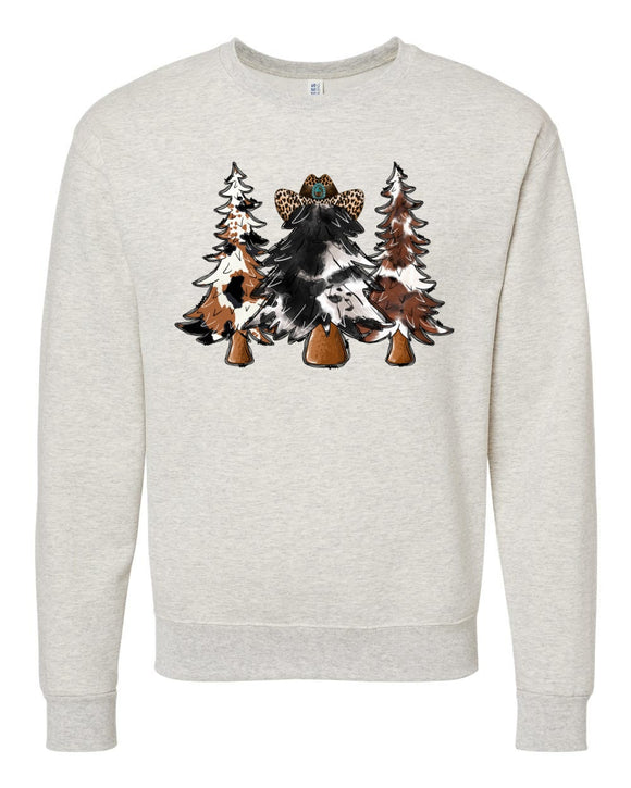 Christmas Tree Trio/Cow Print Design Oatmeal Colored Crewneck Sweatshirt