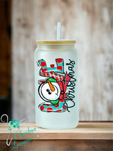 Love Christmas/Snowman Design 16 oz glass tumbler/can/mug