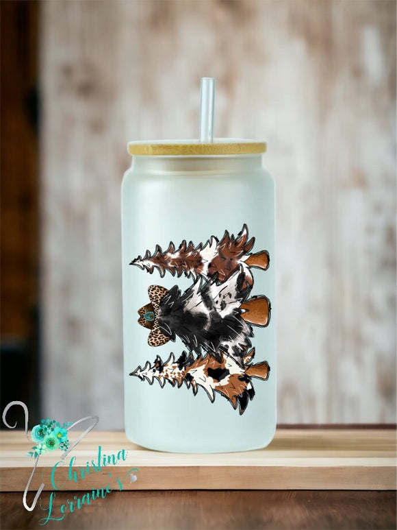 Christmas Tree Trio/Cow Print Design 16 oz glass tumbler/can/mug