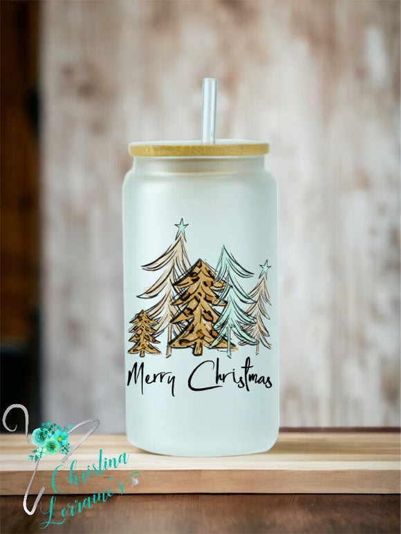 Merry Christmas/Tree Design 16 oz glass tumbler/can/mug