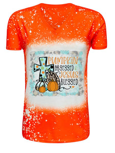 Pumpkin Obsessed and Jesus Blessed Design Orange V-Neck faux Bleach Shirt