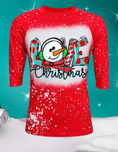 Love Christmas Snowman Design Faux Bleach 3/4 Sleeve Shirt