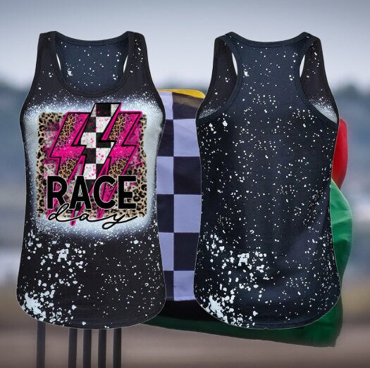 Race Day/Lightning Bolt Trio/Checkered Flag/Leopard Design Black faux Bleach Tank Top Shirt