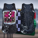 Race Day/Lightning Bolt Trio/Checkered Flag/Leopard Design Black faux Bleach Tank Top Shirt