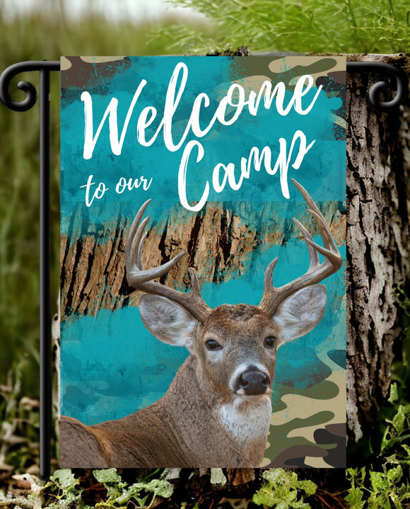 Welcome to our Camp Camo/Turquoise with Deer Design Garden Flag