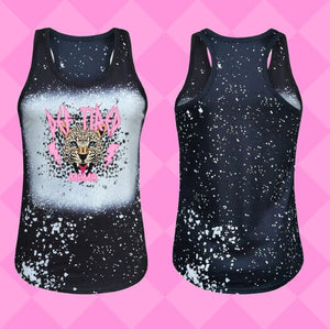 Def Tired Mama/Leopard Design Black faux Bleach Tank Top Shirt