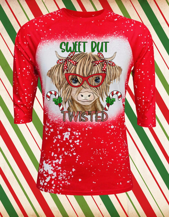 Sweet But Twisted /Christmas Cow/Candy Cane Design Red Raglan Shirt