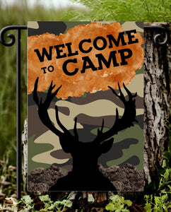 Welcome to Camp Camo/Orange with Deer Silhouette Design Garden Flag