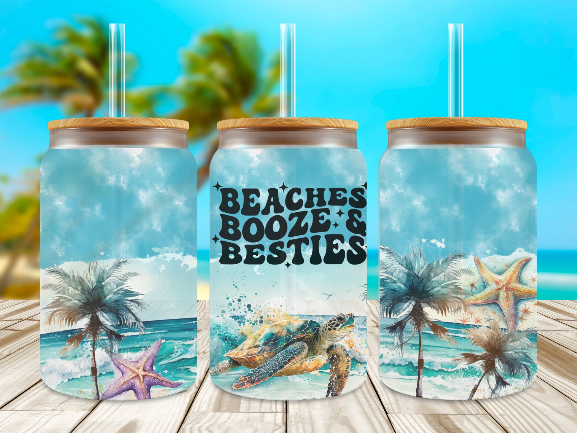 Beaches, Booze and Besties Glass Tumbler