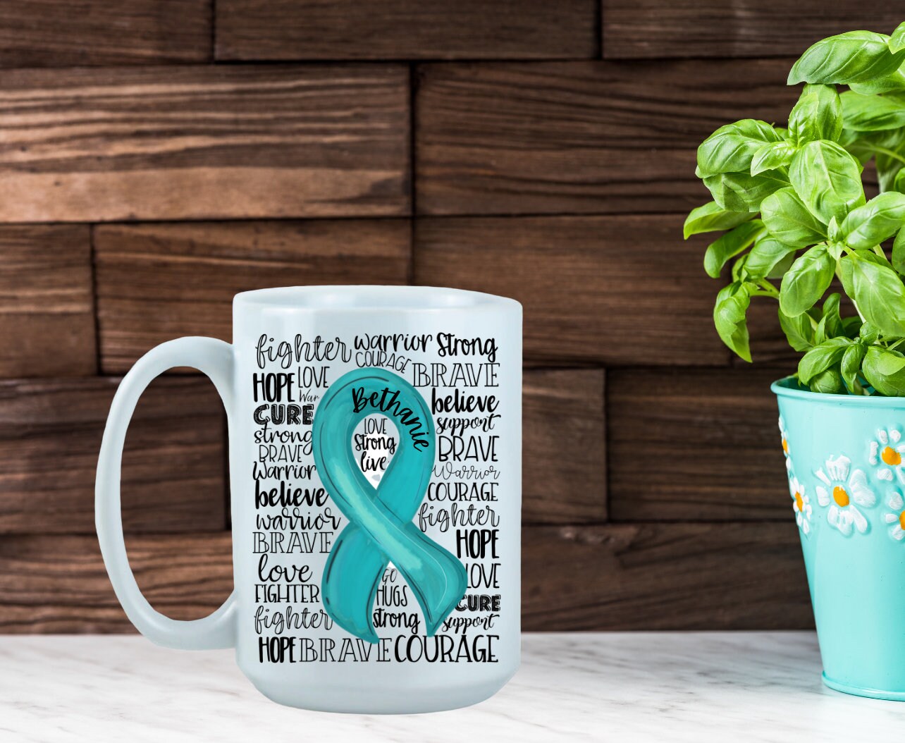 Ovarian Cancer Awareness Ribbon Word Art Coffee Mug/Tumbler