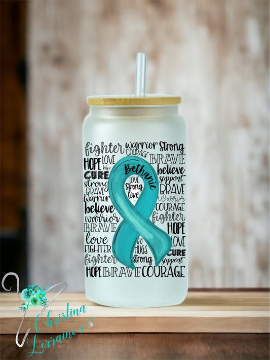 Ovarian Cancer Awareness Ribbon Word Art Design 16 oz glass tumbler/can/mug