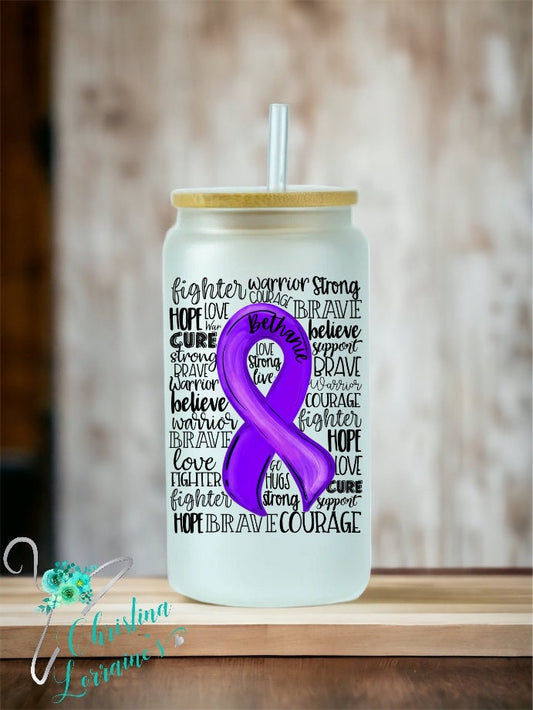 Pancreatic Cancer Awareness Ribbon Word Art Design 16 oz glass tumbler/can/mug