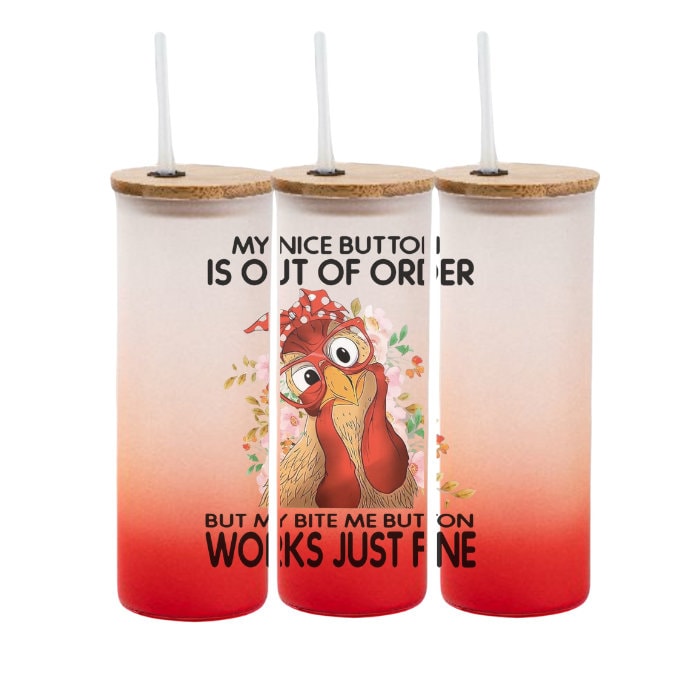 My Bite Me Button/Chicken Design/Red Gradient/Ombre Glass Tumbler/Drink Glass/Personalize It!