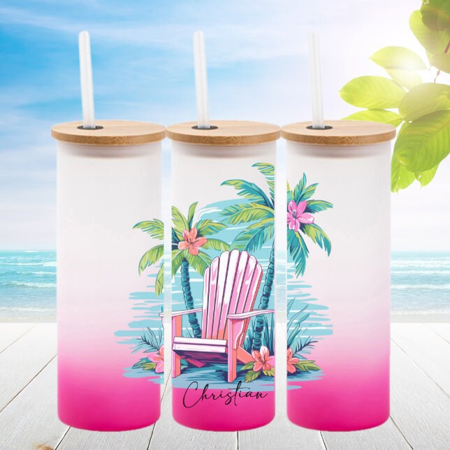 Beach Chair Design Pink Gradient/Ombre Glass Tumbler/Drink Glass/Personalize It!