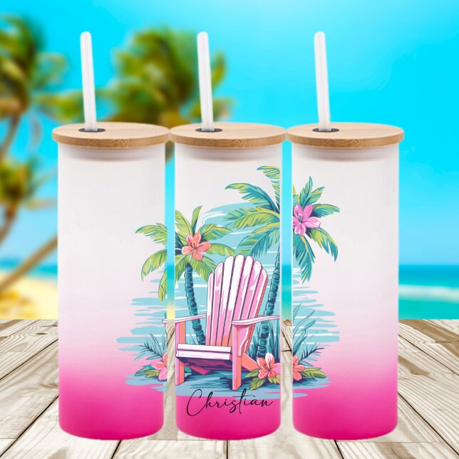 Beach Chair Design Pink Gradient/Ombre Glass Tumbler/Drink Glass/Personalize It!
