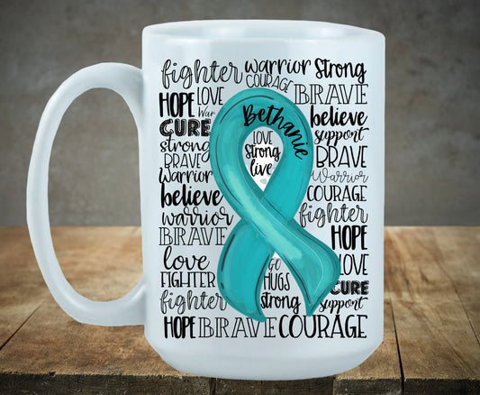 Ovarian Cancer Awareness Ribbon Word Art Coffee Mug/Tumbler