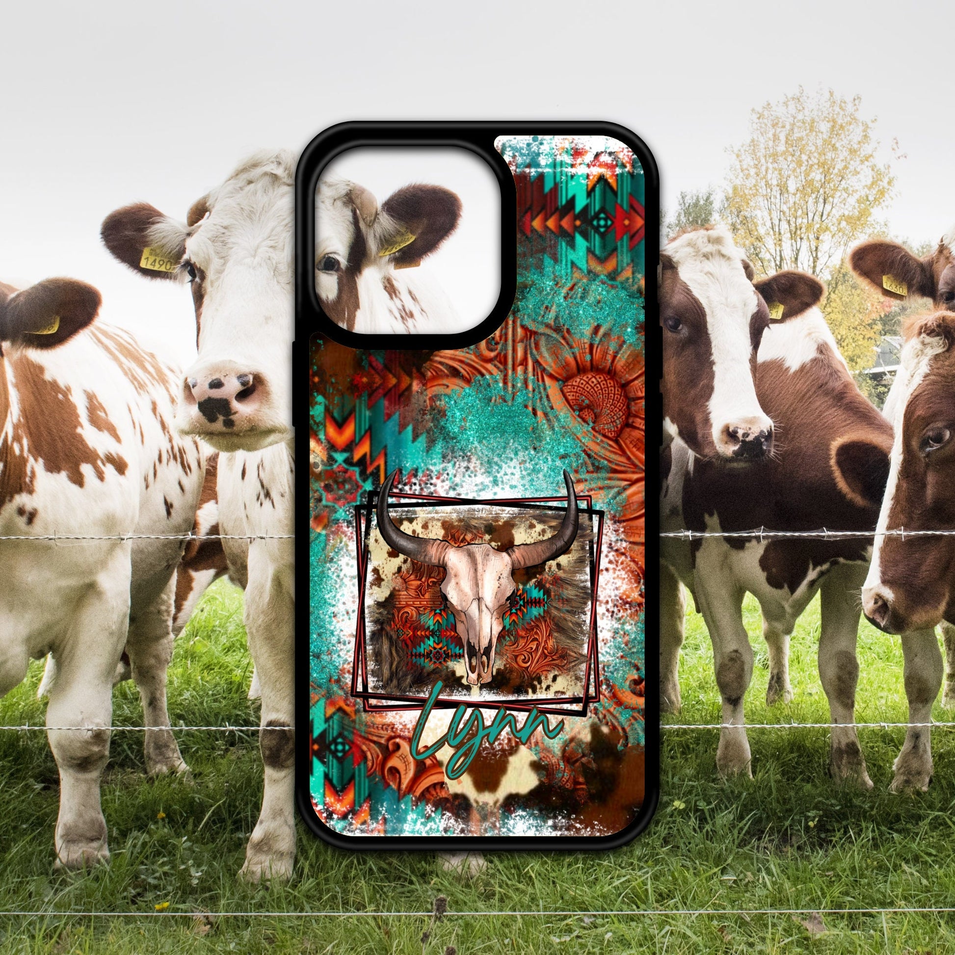 Western Steer/Skull Design phone Case/ Cover/Personalize it! Cell Phone Cases Black Edge Cover /Compatible with iPhone 13,14 and 15 pro max